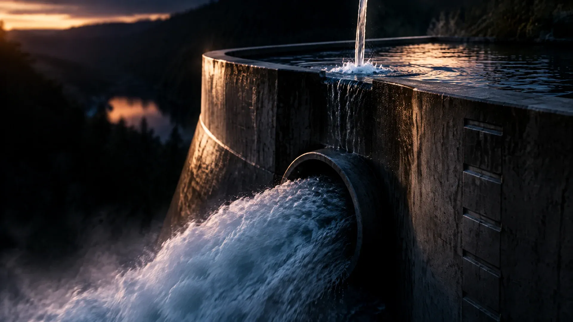 Concrete reservoir at dusk with a thin inflow jet above and a wide bottom outlet discharging below it