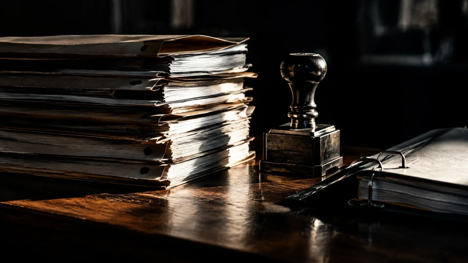 Stack of paper files with punched handholds on a dark wooden counter, beside a heavy metal stamp and an open binder in hard side light