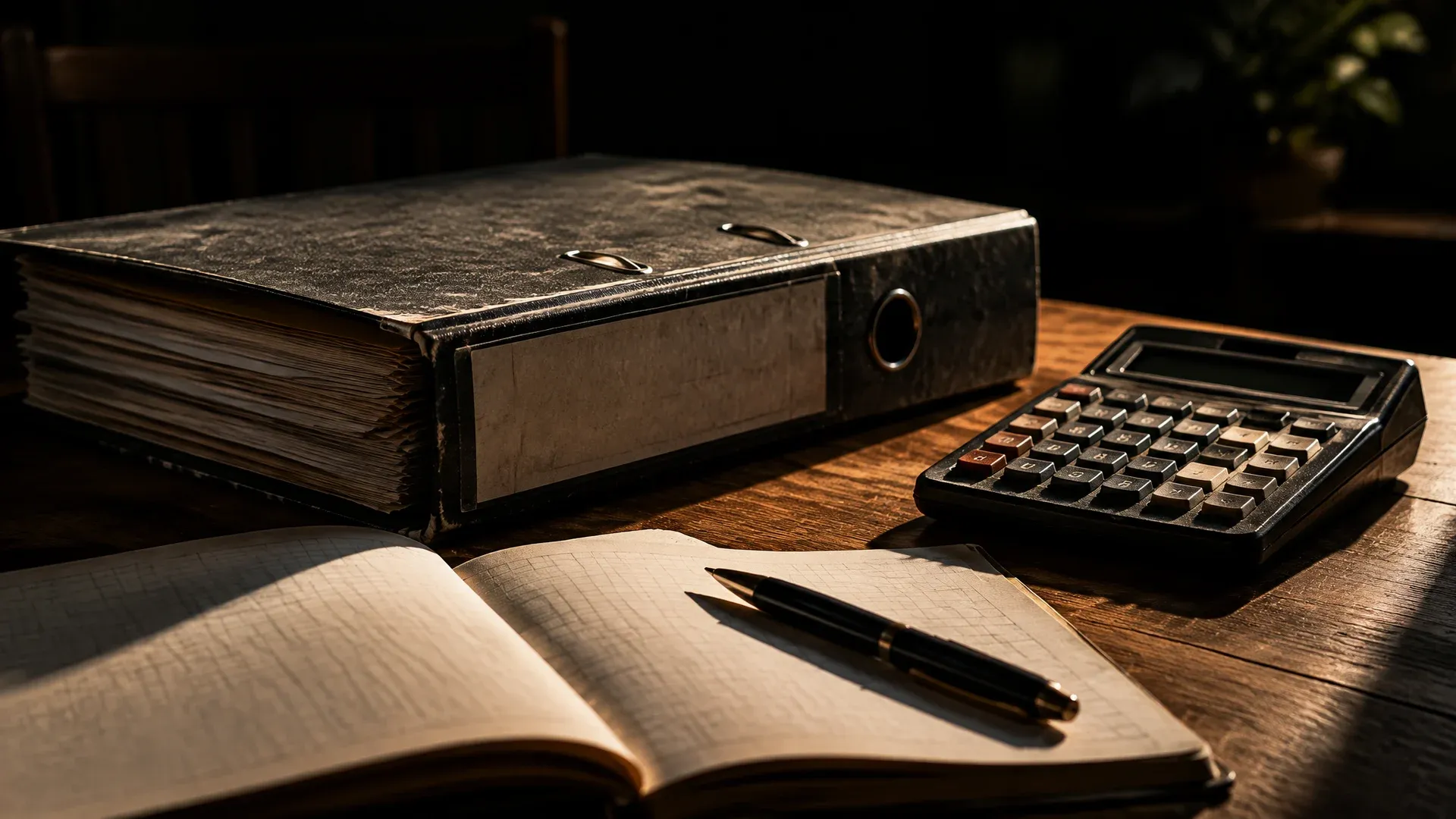 Dicker Aktenordner und ein alter Taschenrechner auf einem Holztisch im Abendlicht, daneben ein aufgeschlagenes Notizbuch