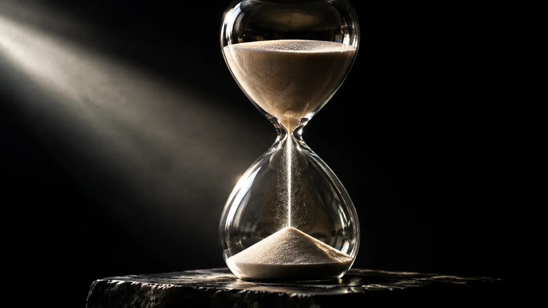 Gläserne Sanduhr auf dunkler Steinplatte, der obere Kolben noch zu drei Vierteln mit hellem Sand gefüllt, ein Lichtstrahl durchleuchtet den fallenden Sandstrahl