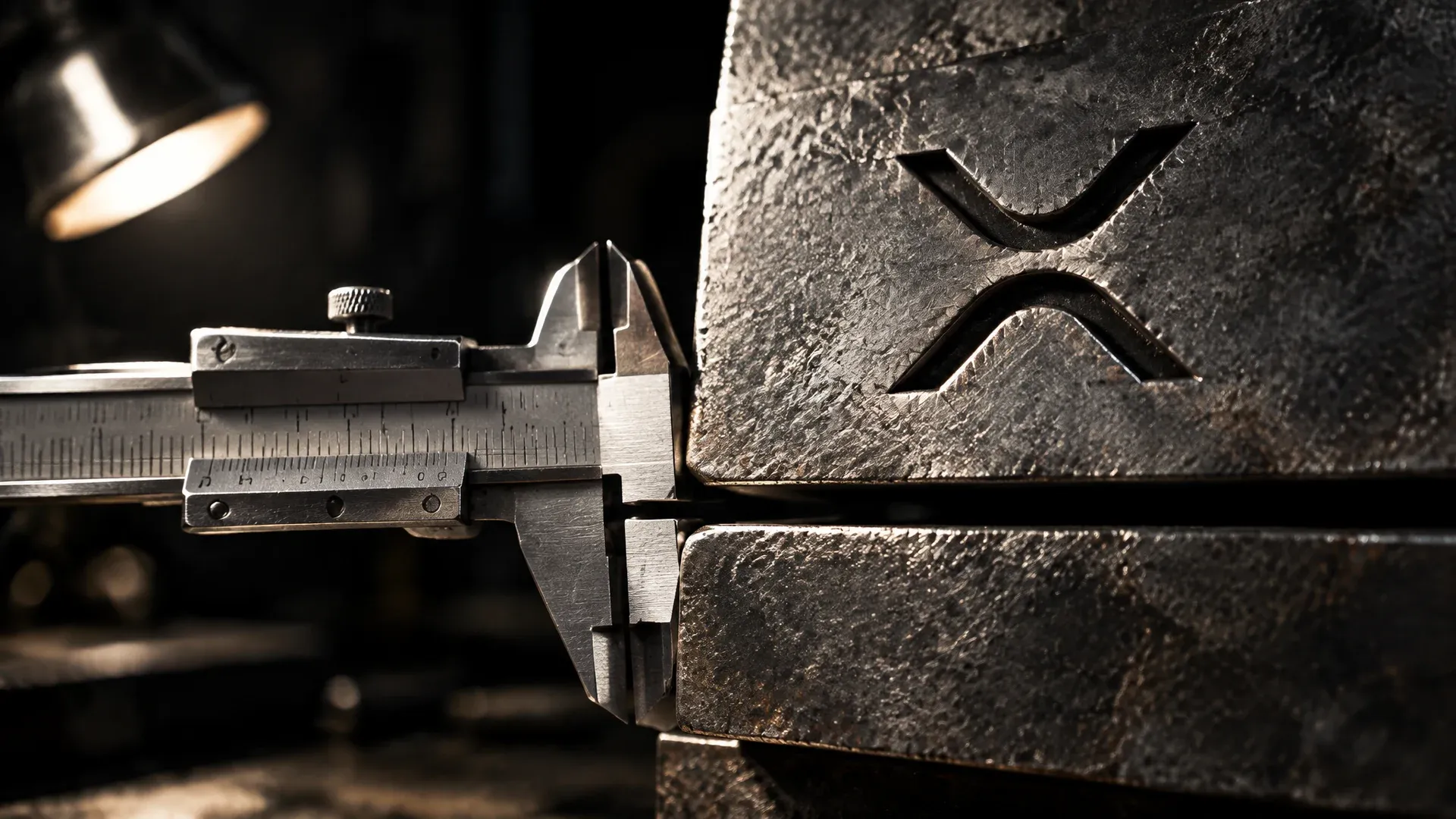 Steel calipers on a dark workbench, their jaws measuring a narrow gap between two heavy metal plates, the XRP mark stamped into the upper plate