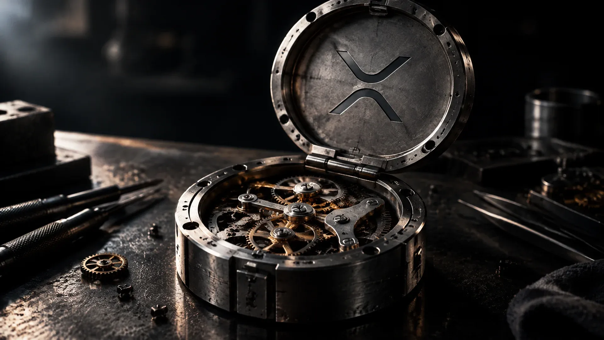 Geöffnetes schweres Metallgehäuse mit Zahnscheiben und Sperrklinken auf einer Werkbank, im Deckel das XRP-Zeichen