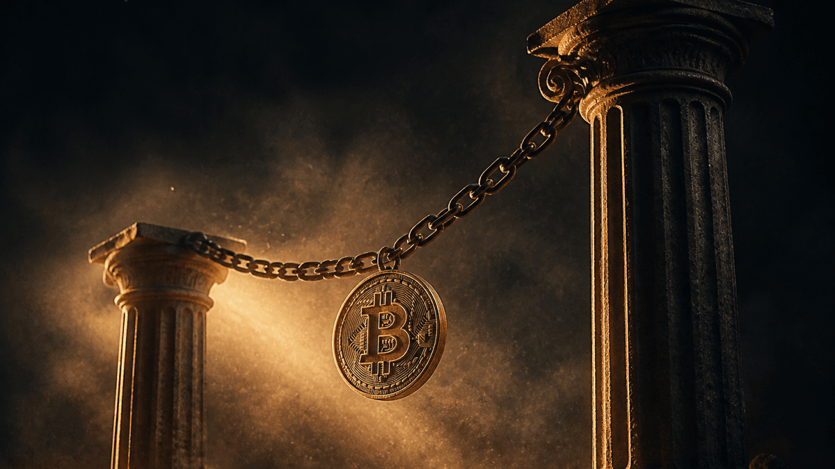Zwei unterschiedlich hohe Steinpfeiler, dazwischen eine gespannte Stahlkette mit einer daran hängenden Bitcoin-Münze