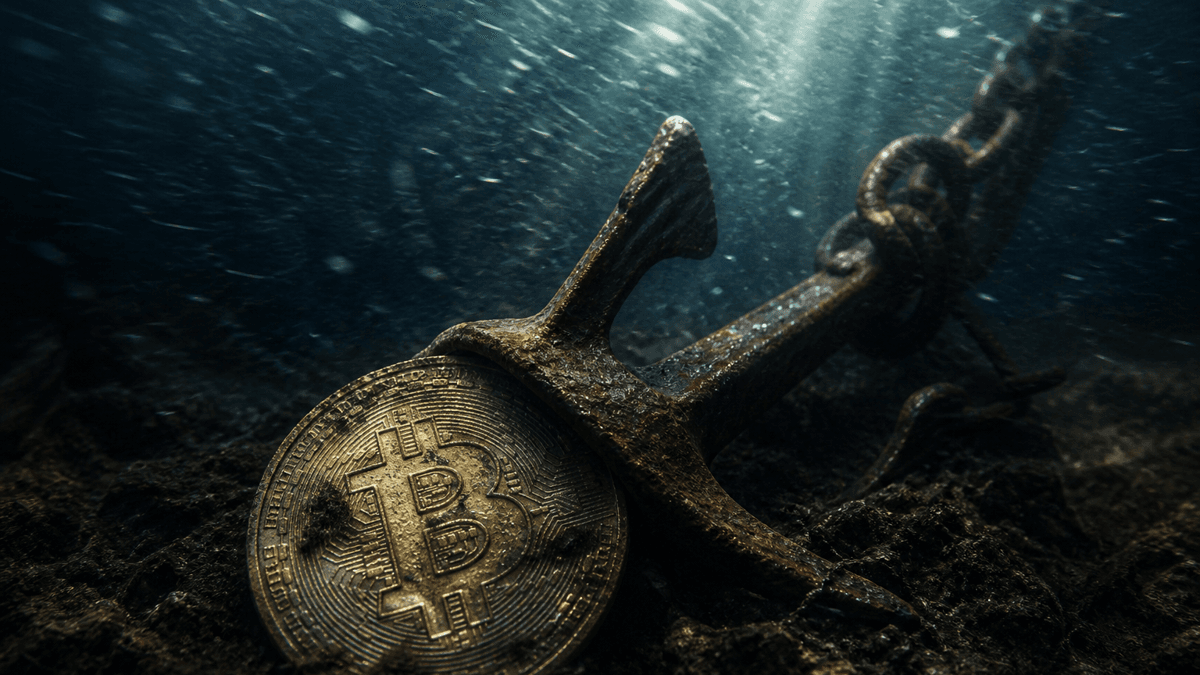 Stahlanker auf dunklem Meeresgrund hält eine große Bitcoin-Münze fest, während darüber starke Strömung vorbeizieht