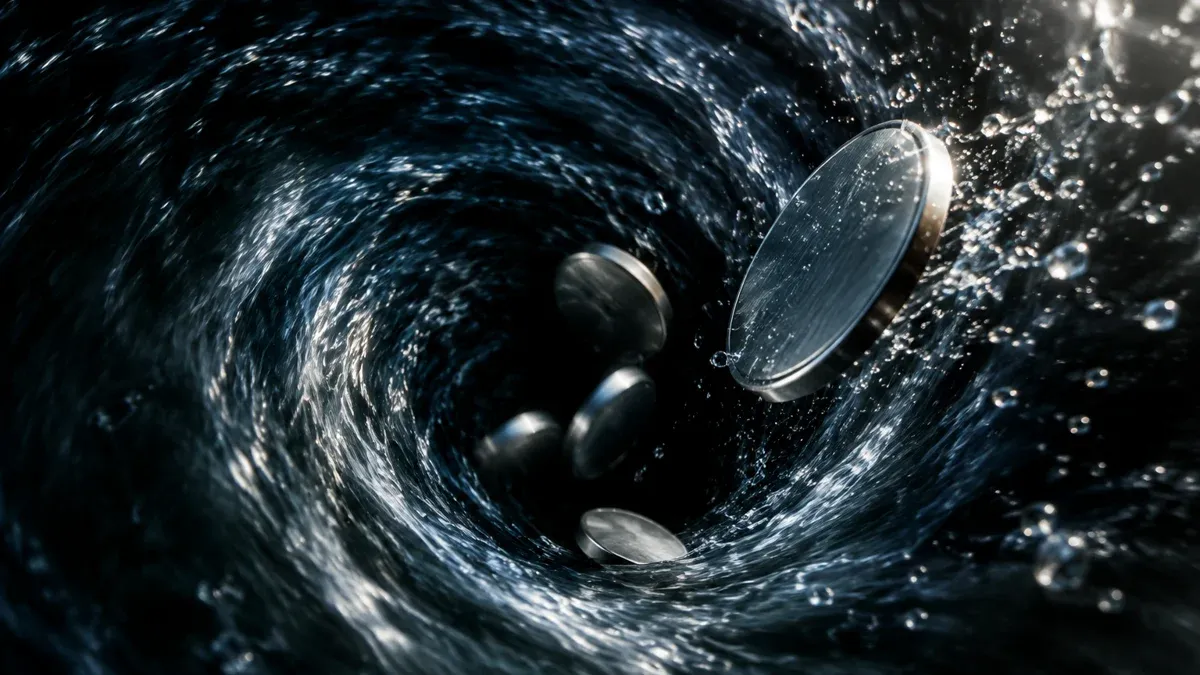 A dark whirlpool of water sucks plain, unmarked metal discs into the depths, one tipping over the edge