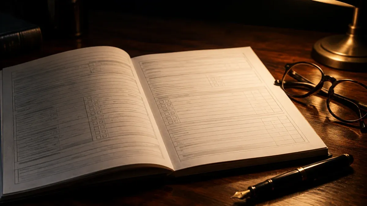 An open official form with blank grey lines on a dark wooden table, beside reading glasses and a fountain pen