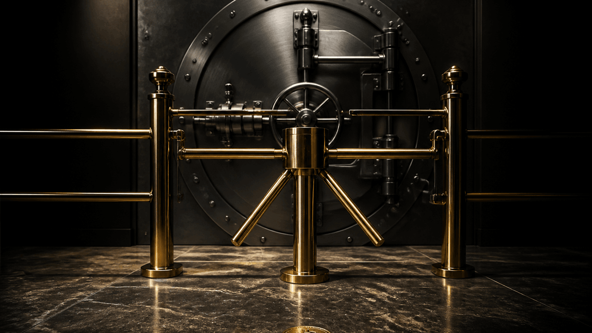Locked brass turnstile in front of a round steel vault door, with a coin bearing the Bitcoin symbol outside the barrier