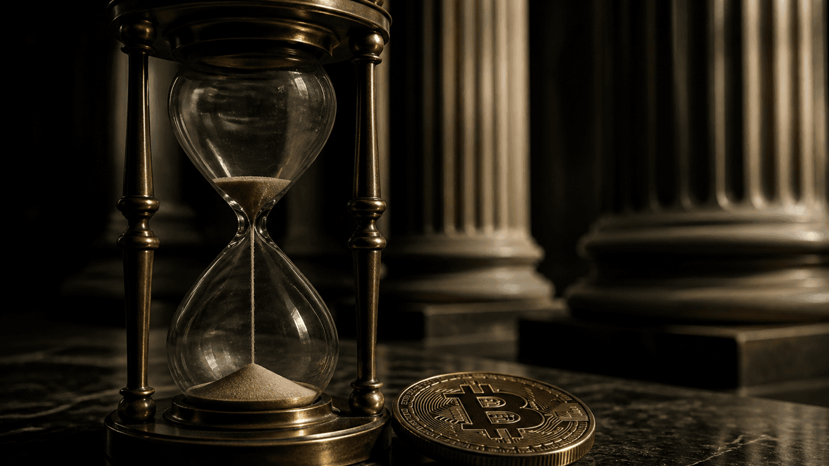 Messing-Sanduhr mit fast durchgelaufenem Sand auf dunklem Marmor, daneben eine flach liegende Goldmünze, im Hintergrund kannelierte Steinsäulen eines Behördensaals