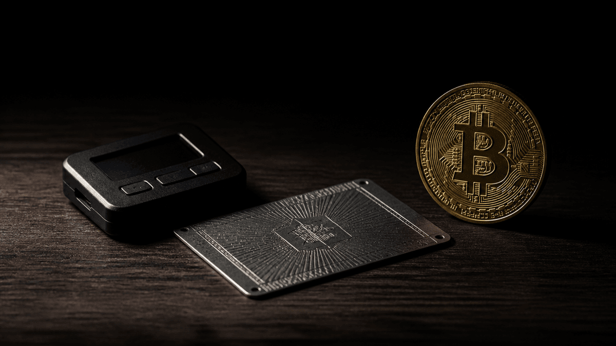 Schwarzes Hardware-Wallet mit kleinem Display, eine gravierte Edelstahlplatte und eine aufrecht stehende Goldmünze auf dunkler Holzarbeitsplatte