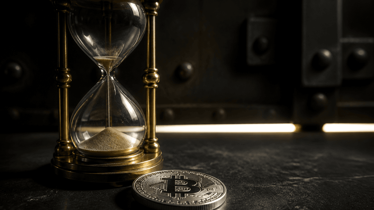 Fast leergelaufene Messing-Sanduhr auf dunklem Stein, davor eine Silbermuenze mit Bitcoin-Zeichen vor einer sich schliessenden Metallklappe