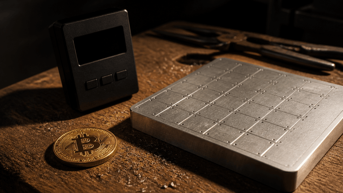 Werkbank aus Eichenholz mit mattschwarzem Hardware-Geraet, leerer Edelstahlplatte und einer Goldmuenze mit Bitcoin-Zeichen
