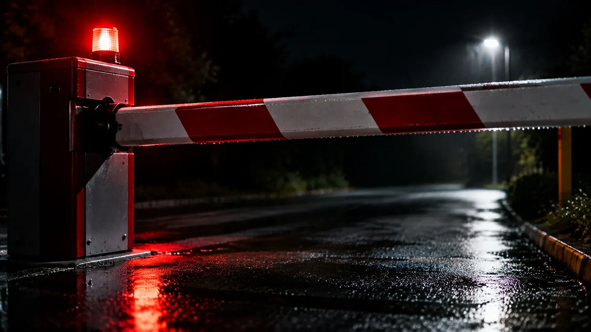 Schwere Stahlschranke senkt sich über einer leeren nächtlichen Zufahrt neben einer blinkenden Warnleuchte