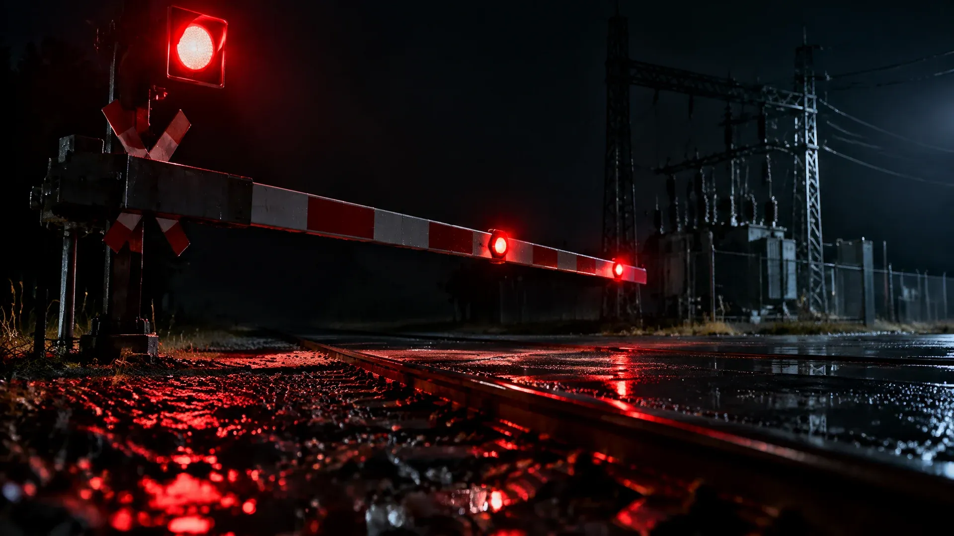 Sich senkende Bahnschranke über leeren Gleisen bei Nacht, das rote Signallicht spiegelt sich im nassen Schotter