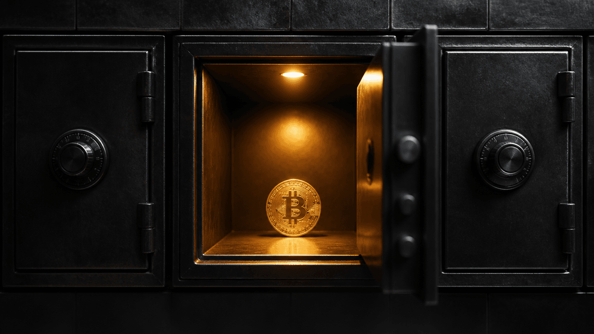 Three steel safe deposit boxes in a vault wall, only the middle one open and lit, holding a coin