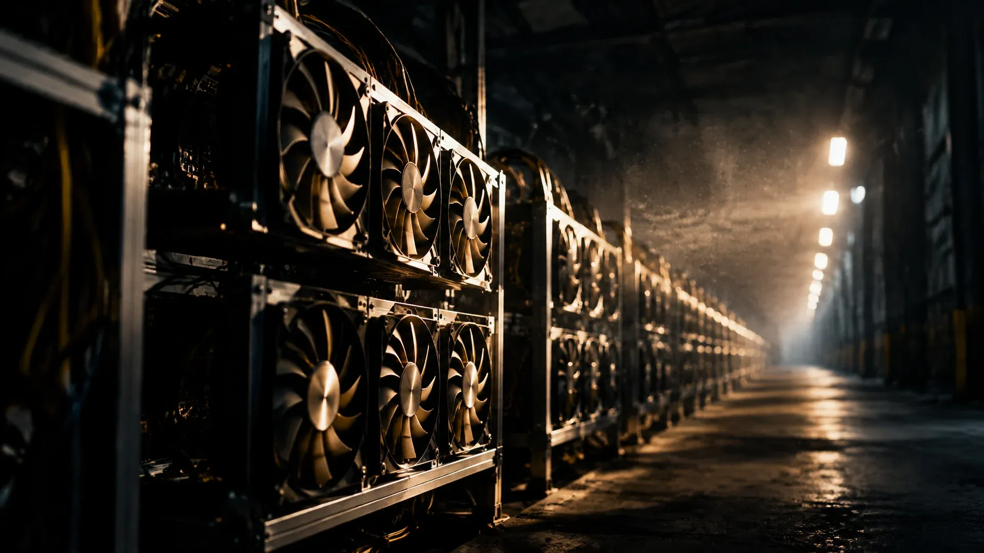 Lange Reihe offener Mining-Rigs in einer dunklen Industriehalle, dicht gestaffelte Lüfterräder im Gegenlicht
