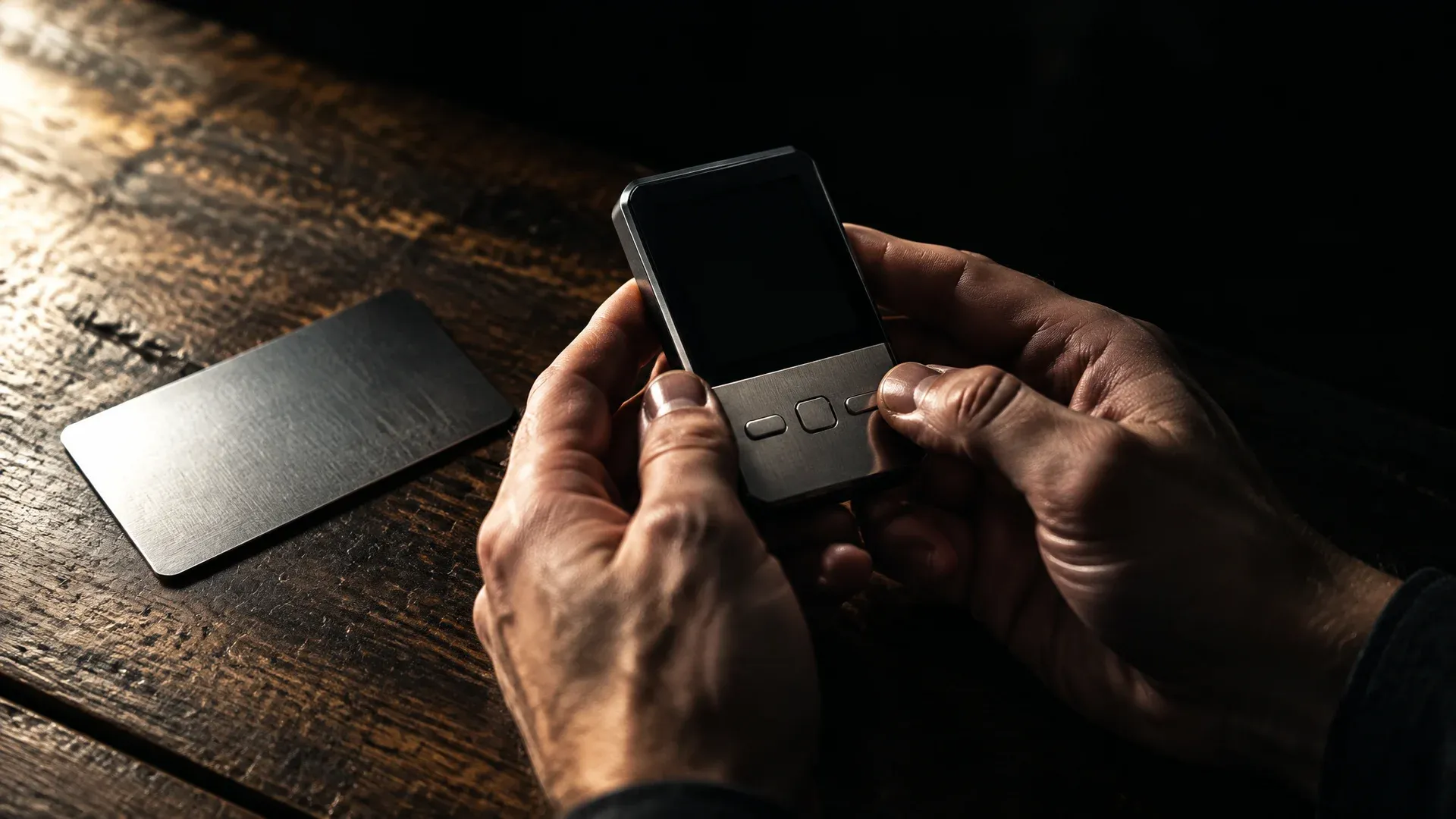 Zwei Hände halten eine markenlose Hardware-Wallet mit leerem Display über einem Holztisch, daneben eine blanke Metallplatte