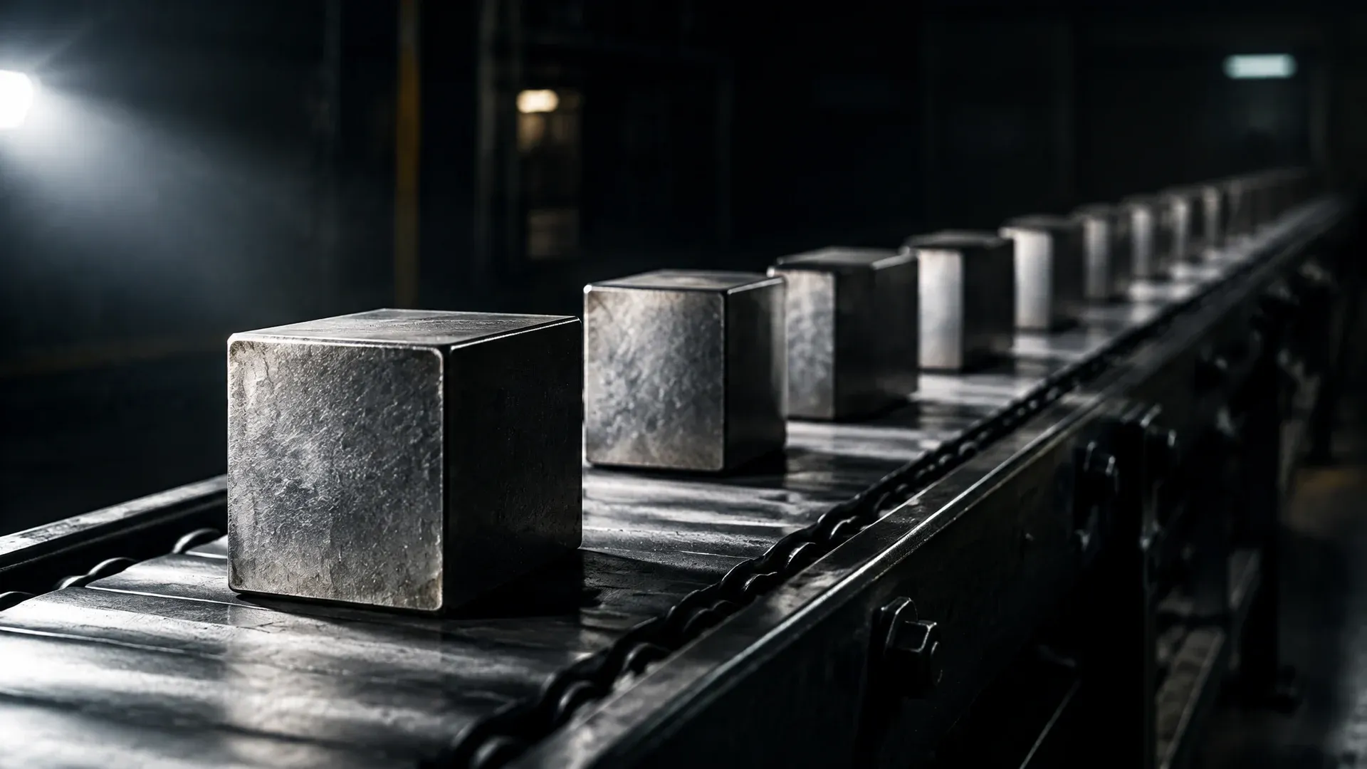 Stahl-Förderband in einer dunklen Werkhalle, darauf identische massive Metallwürfel in engen gleichmäßigen Abständen