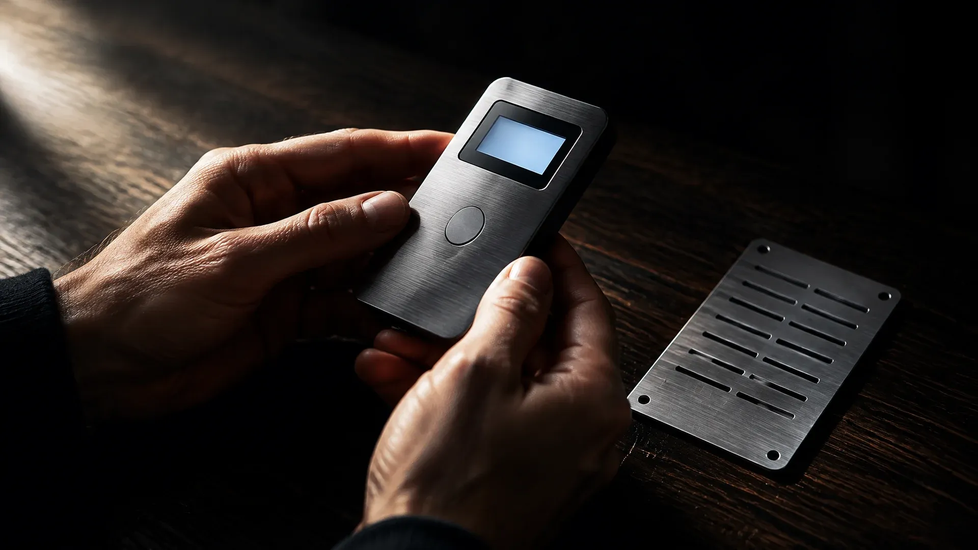 Zwei Hände halten ein markenloses Hardware-Wallet aus gebürstetem Metall über einem dunklen Holztisch