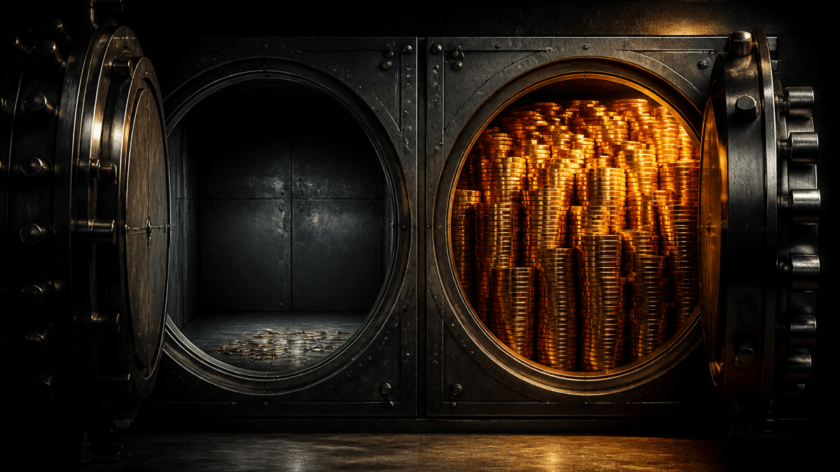 Cross-section of two vault chambers, the left one almost empty with a few matte coins, the right one filled to the ceiling with gleaming gold coins