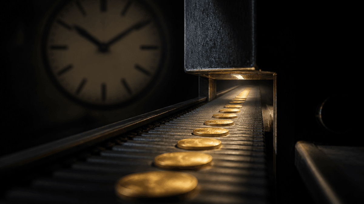 Gold coins of equal size travel individually and at equal spacing along a steel conveyor belt through a slit of light, behind them a station clock with no numerals