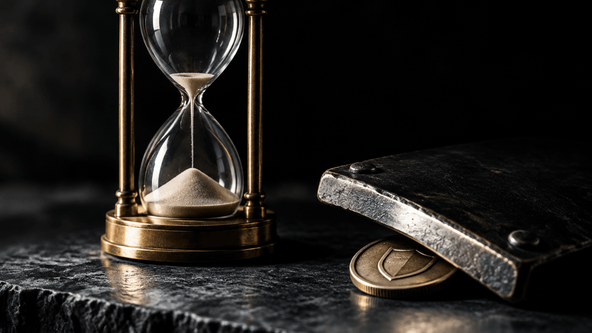 Fast abgelaufene Messing-Sanduhr neben einer Münze mit Schildsymbol, die unter einer schweren, sich absenkenden Metallklappe eingeklemmt ist