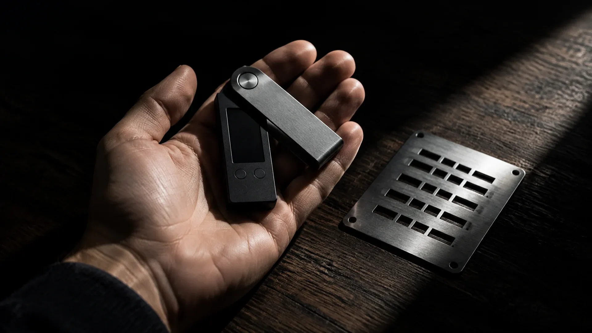 An unbranded hardware wallet in an open palm above a dark wooden table, next to it a stamped metal plate with no legible words
