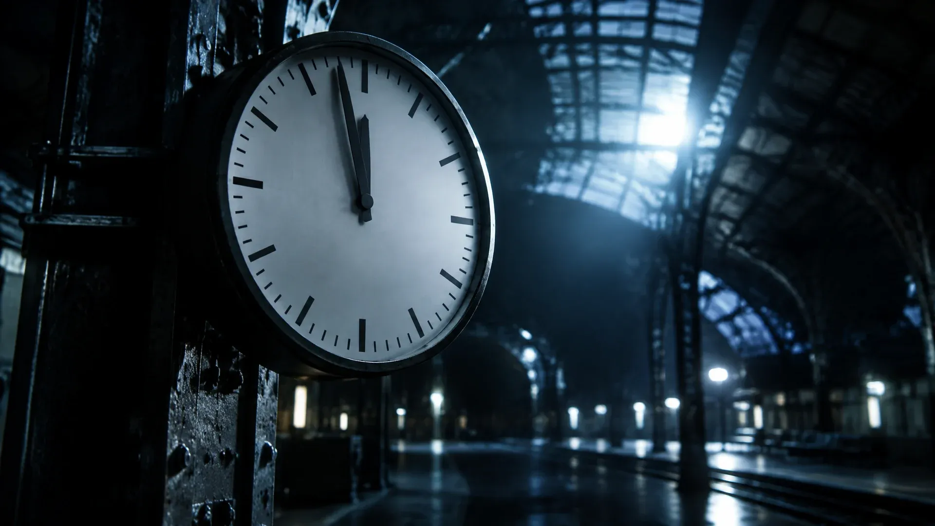 A large station clock without numerals in an empty railway hall at night, the minute hand just before it jumps