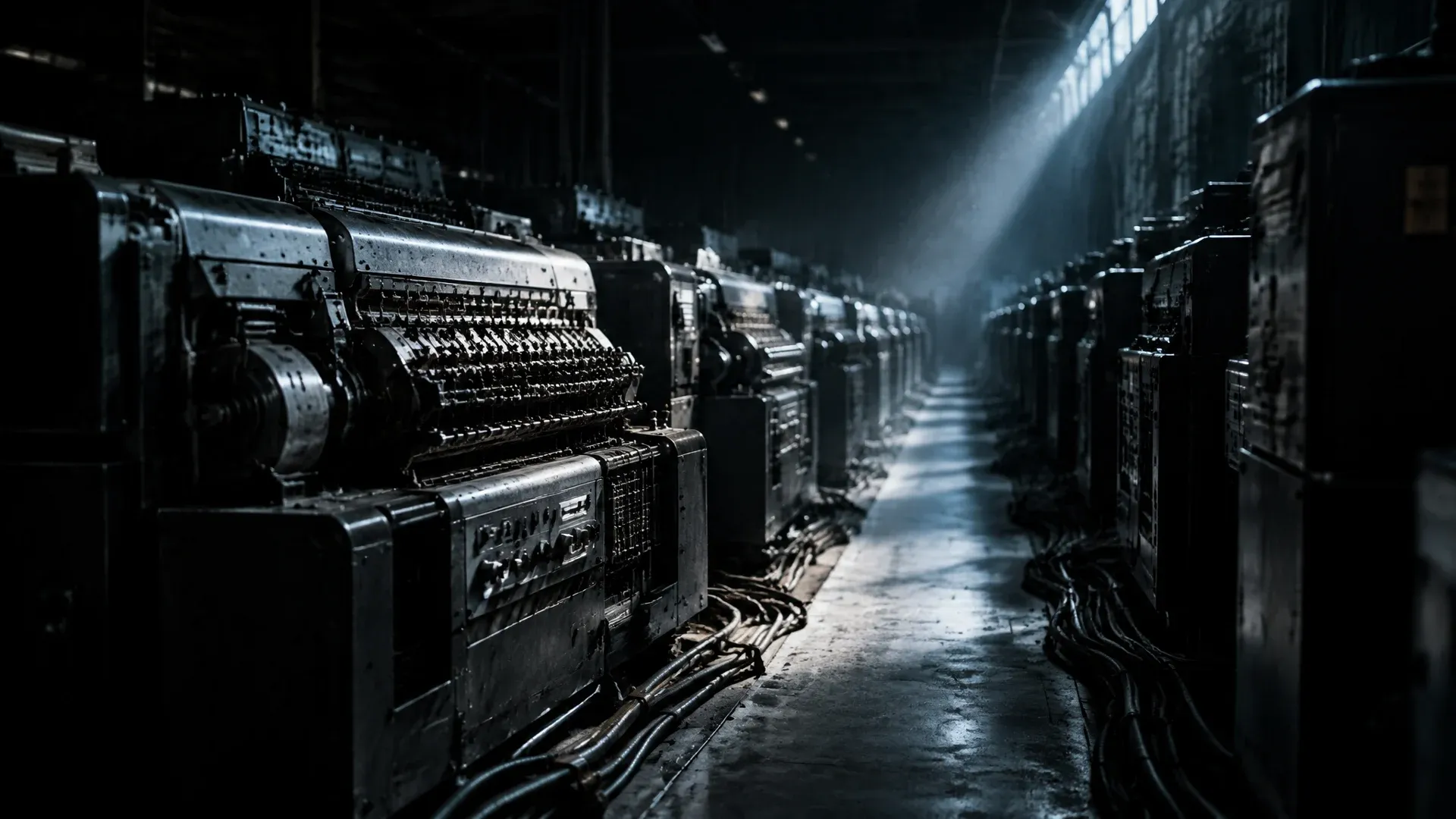 Lange Reihen schwerer Rechenmaschinen in einer dunklen Industriehalle, ein einziger Gang zwischen den Gestellen ist von kaltem Licht erfasst