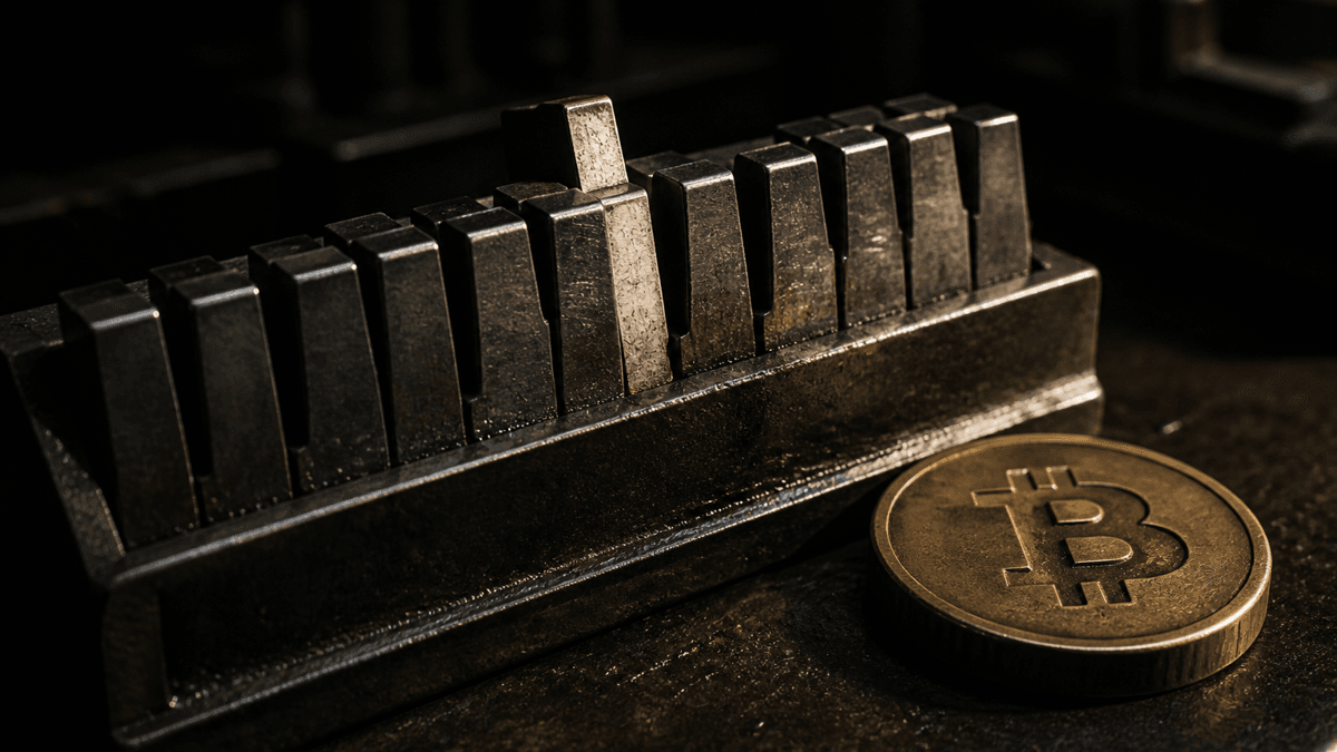 Zeile aus Bleilettern in einem Winkelhaken, eine einzelne Letter aus hellerem Metall steht höher als ihre Nachbarn, daneben eine Münze mit Bitcoin-Zeichen